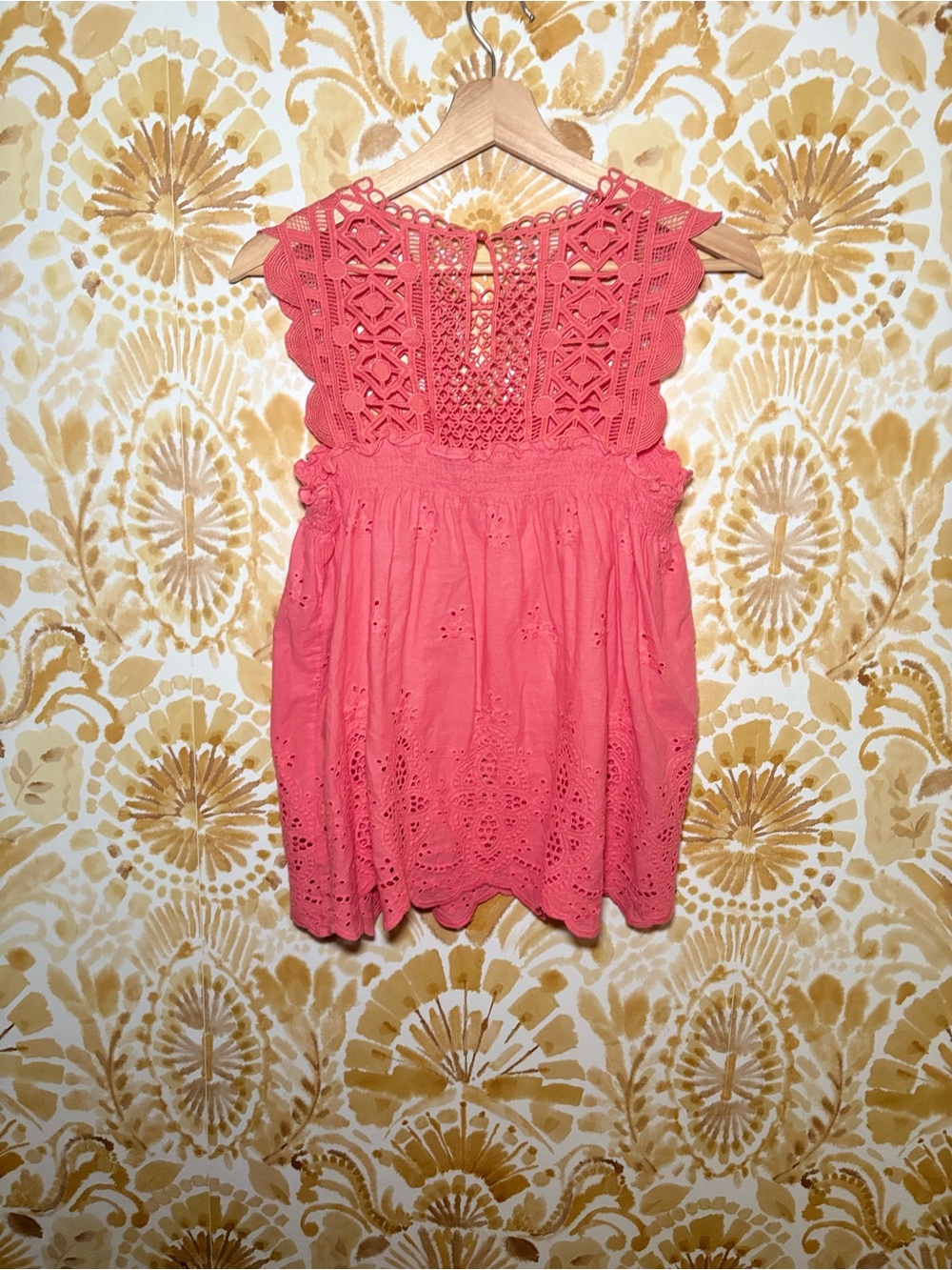 New York & Company Coral Eyelet Lace Crochet Blouse|Boho Smocked Sleeveless Top - Picture 6 of 11